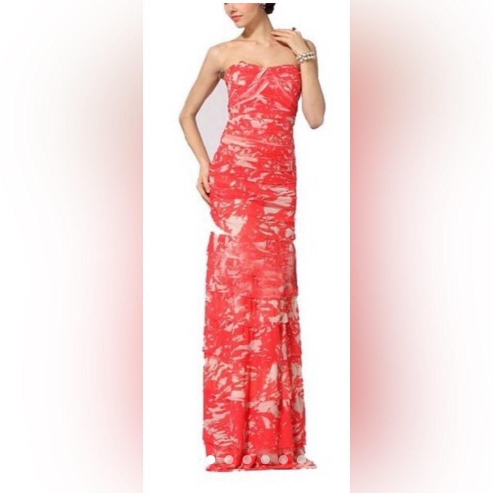 BCBG Full length tiered coral + nude dress. Size 2